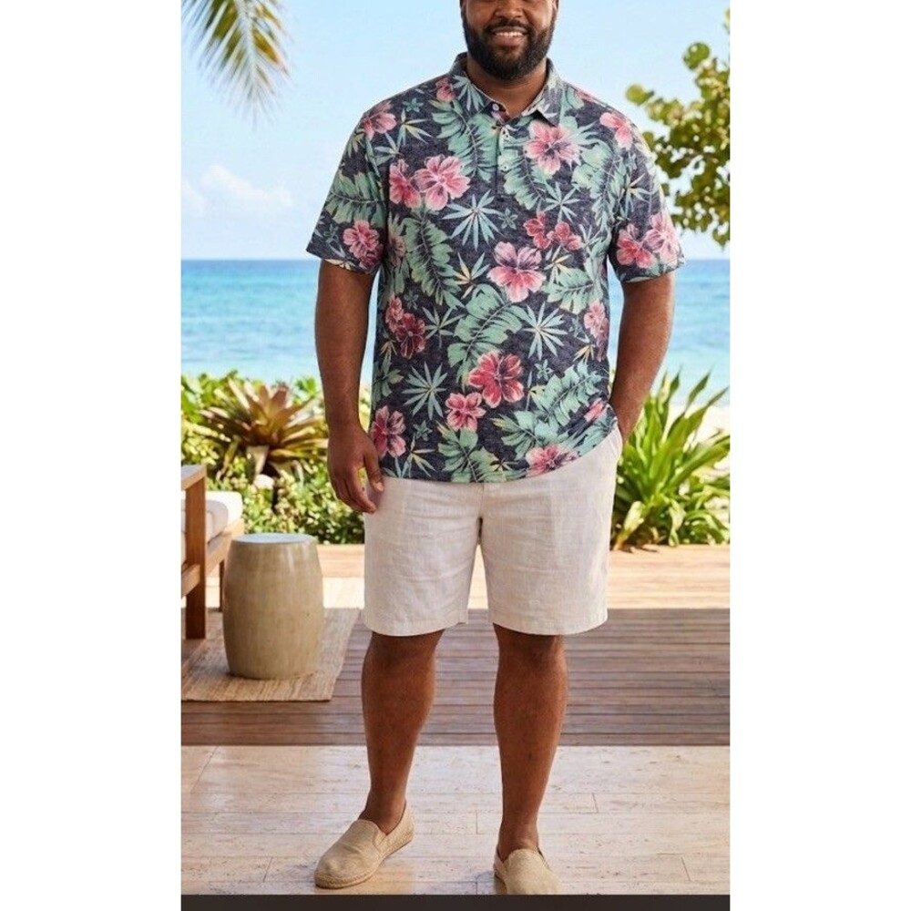 IZOD Saltwater Mens 4XLT Big Tall Hawaiian Floral Polo Shirt Pink Palm Floral⁠
